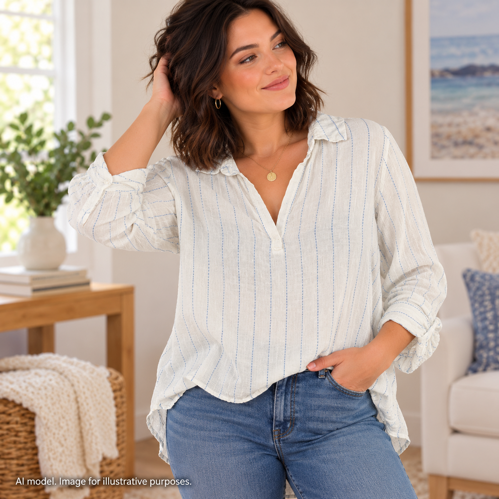 Saks Fifth Avenue Shirt Women Small White Pinstripe Chalk Stripe Flowy Coastal